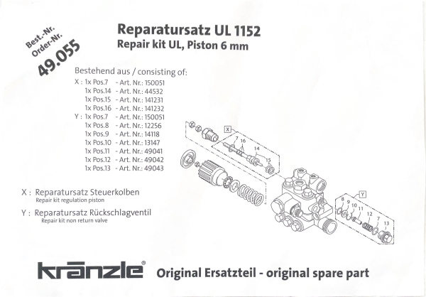 Kränzle 49055 Reparatursatz Unloaderventil K1152